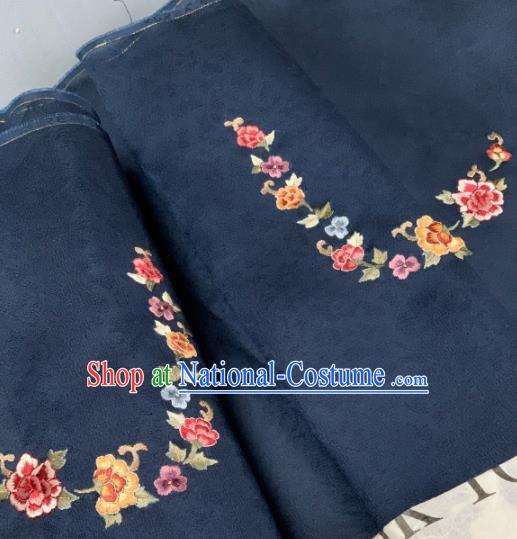 Chinese Traditional Embroidered Peony Pattern Design Navy Silk Fabric Asian Hanfu Material