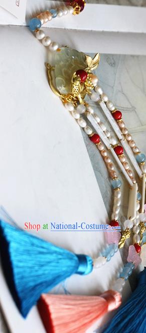 Traditional Chinese Handmade Pearls Tassel Jade Pendant Ancient Hanfu Waist Accessories for Women