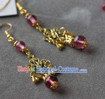 Traditional Chinese Handmade Purple Beads Earrings Ancient Hanfu Ear Accessories for Women