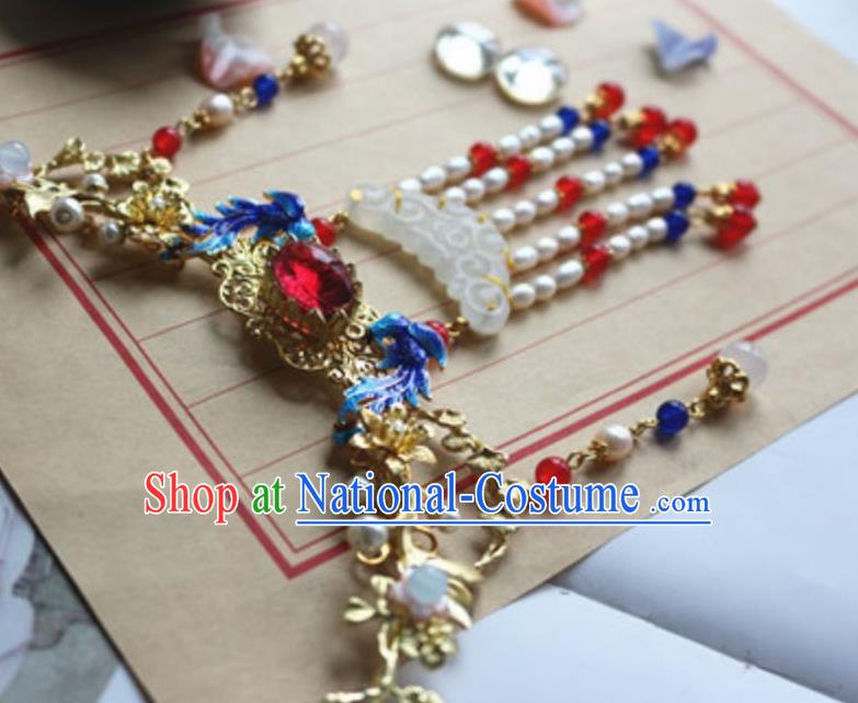 Traditional Chinese Handmade Pearls Tassel Jade Necklace Ancient Hanfu Necklet Accessories for Women