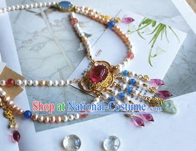 Traditional Chinese Handmade Garnet Necklace Ancient Hanfu Pearls Necklet Accessories for Women