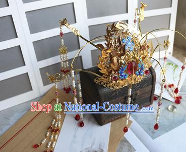 Traditional Chinese Wedding Garnet Phoenix Coronet Headdress Ancient Court Queen Hair Accessories for Women