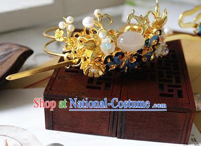 Traditional Chinese Cloisonne Hairdo Crown and Golden Hairpin Headdress Ancient Court Hair Accessories for Women