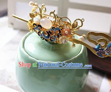 Traditional Chinese Cloisonne Hairdo Crown and Golden Hairpin Headdress Ancient Court Hair Accessories for Women