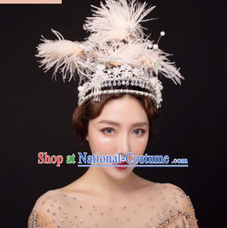 Traditional Chinese Stage Show Feather Royal Crown Headdress Handmade Catwalks Hair Accessories for Women