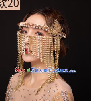 Traditional Chinese Stage Show Golden Tassel Hair Clasp Mask Headdress Handmade Catwalks Hair Accessories for Women