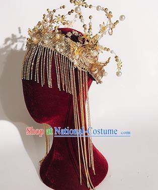 Traditional Chinese Stage Show Tassel Golden Royal Crown Headdress Handmade Catwalks Hair Accessories for Women