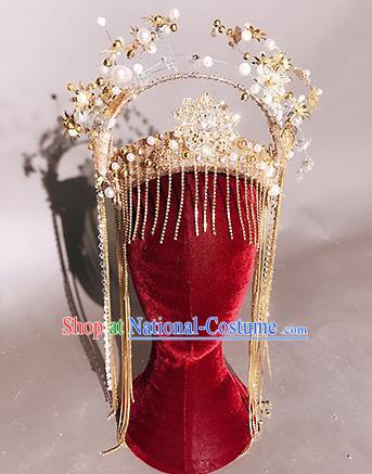 Traditional Chinese Stage Show Tassel Golden Royal Crown Headdress Handmade Catwalks Hair Accessories for Women