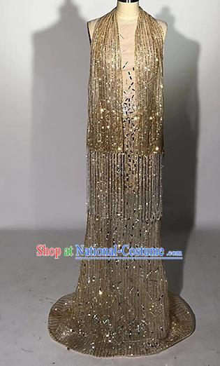 Top Grade Modern Dance Golden Paillette Trailing Full Dress Catwalks Compere Costume for Women