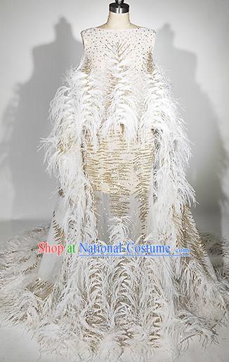 Top Grade Modern Dance White Feather Full Dress Catwalks Compere Costume for Women