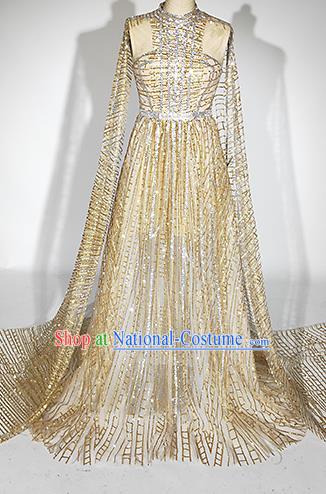 Top Grade Modern Dance Golden Trailing Full Dress Catwalks Compere Costume for Women