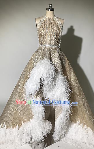 Top Grade Modern Dance Feather Golden Trailing Full Dress Catwalks Compere Costume for Women