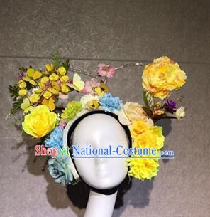 Traditional Chinese Stage Show Yellow Peony Hair Crown Headdress Handmade Catwalks Hair Accessories for Women