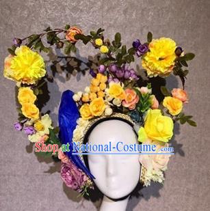 Traditional Chinese Stage Show Yellow Flowers Hair Crown Headdress Handmade Catwalks Hair Accessories for Women