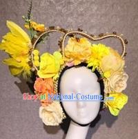 Traditional Chinese Stage Show Yellow Feather Flowers Hair Crown Headdress Handmade Catwalks Hair Accessories for Women