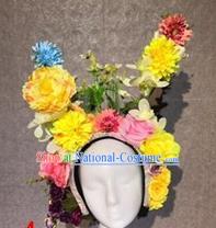 Traditional Chinese Stage Show Yellow Peony Flowers Hair Crown Headdress Handmade Catwalks Hair Accessories for Women