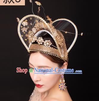 Traditional Chinese Stage Show Golden Hat Headdress Handmade Catwalks Hair Accessories for Women