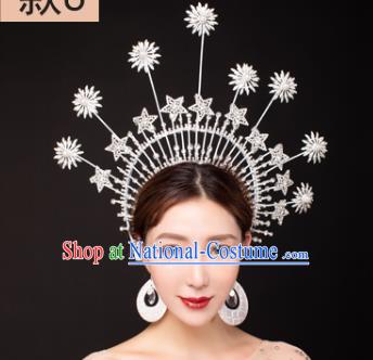 Traditional Chinese Stage Show Crystal Star Royal Crown Headdress Handmade Catwalks Hair Accessories for Women