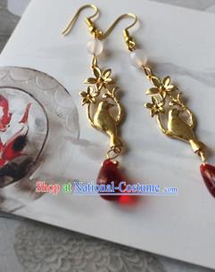 Traditional Chinese Handmade Golden Bird Earrings Ancient Hanfu Ear Accessories for Women