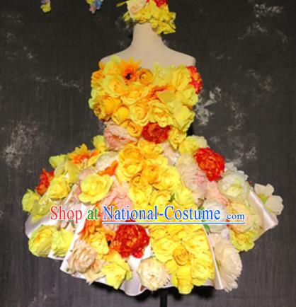 Top Grade Modern Dance Fairy Yellow Flowers Short Dress Catwalks Compere Costume for Women