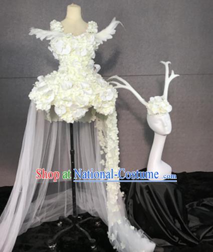 Top Grade Modern Dance Fairy White Flowers Short Dress Catwalks Compere Costume for Women