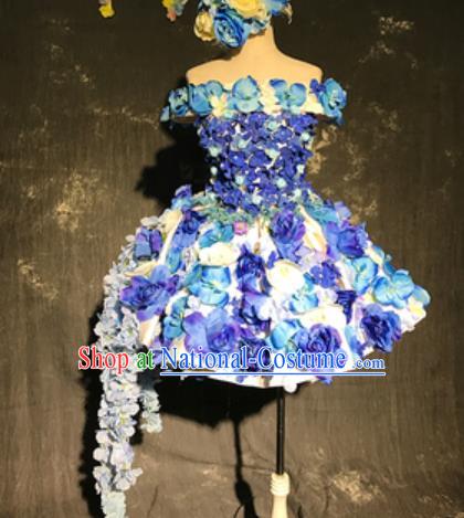 Top Grade Modern Dance Fairy Roaylblue Flowers Short Dress Catwalks Compere Costume for Women