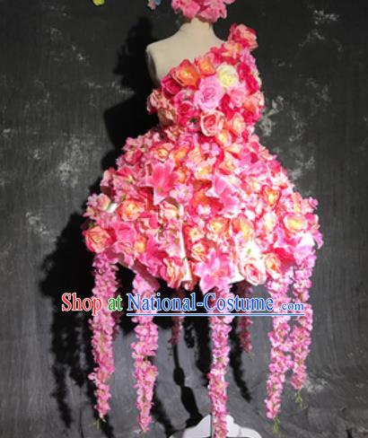 Top Grade Modern Dance Fairy Pink Flowers Short Dress Catwalks Compere Costume for Women