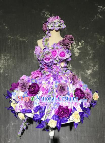 Top Grade Modern Dance Fairy Purple Peony Flowers Short Dress Catwalks Compere Costume for Women