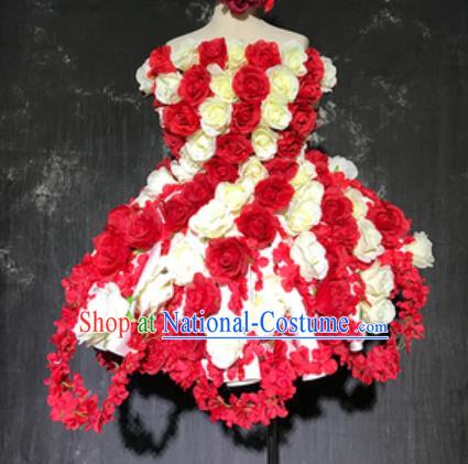 Top Grade Modern Dance Fairy Red Rose Flowers Short Dress Catwalks Compere Costume for Women