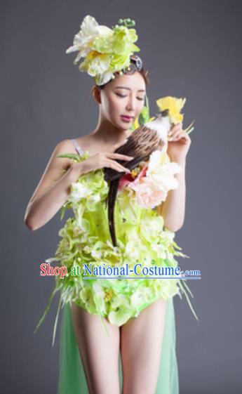 Top Grade Modern Dance Fairy Green Phalaenopsis Flowers Short Dress Catwalks Compere Costume for Women