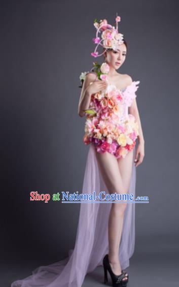 Top Grade Modern Dance Pink Feather Flowers Dress Catwalks Compere Costume for Women