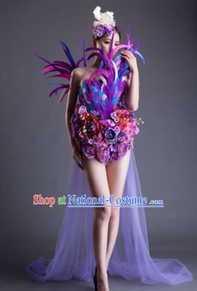 Top Grade Modern Dance Purple Feather Flowers Dress Catwalks Compere Costume for Women