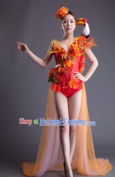 Top Grade Modern Dance Orange Feather Flowers Dress Catwalks Compere Costume for Women