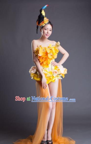 Top Grade Modern Dance Yellow Flowers Dress Catwalks Compere Costume for Women