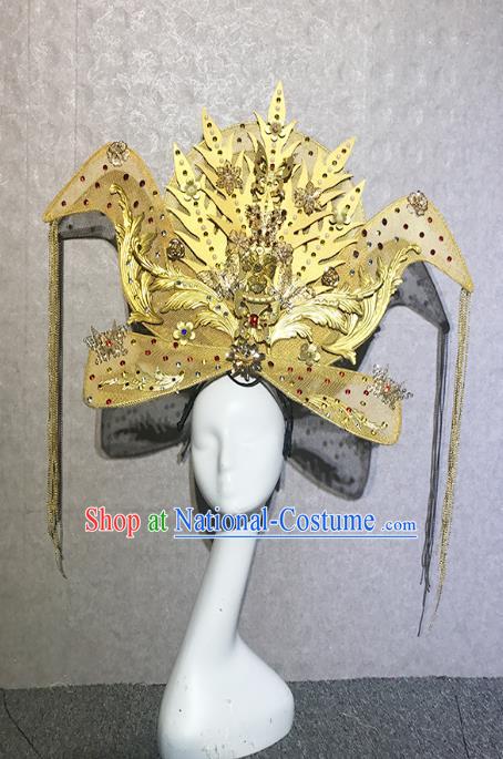 Traditional Chinese Stage Show Golden Phoenix Hair Crown Headdress Handmade Catwalks Hair Accessories for Women