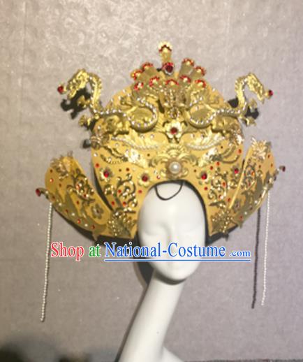 Traditional Chinese Court Stage Show Deluxe Golden Dragon Hat Headdress Handmade Catwalks Hair Accessories for Women