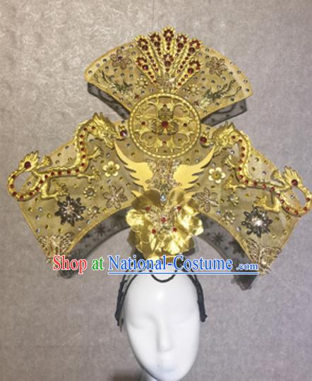 Traditional Chinese Court Deluxe Golden Dragon Hat Headdress Handmade Catwalks Stage Show Hair Accessories for Women