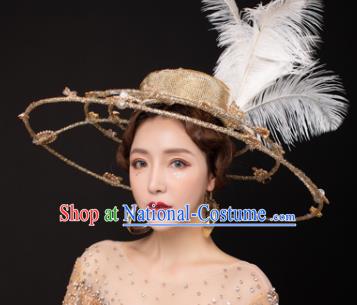 Traditional Chinese Stage Show Feather Golden Hat Headdress Handmade Catwalks Hair Accessories for Women