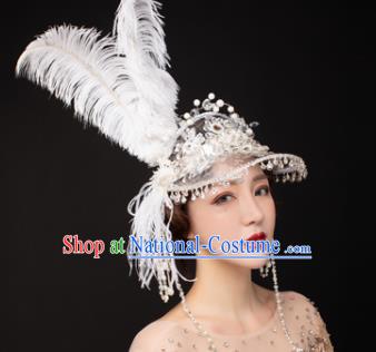 Traditional Chinese Stage Show Feather Top Hat Headdress Handmade Catwalks Hair Accessories for Women