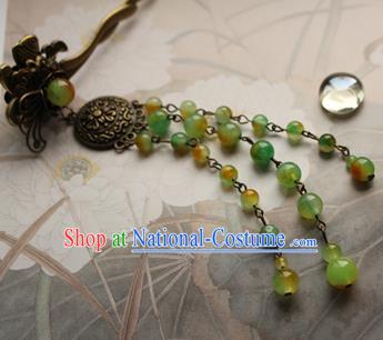 Traditional Chinese Bride Green Beads Tassel Hairpin Headdress Ancient Court Hair Accessories for Women