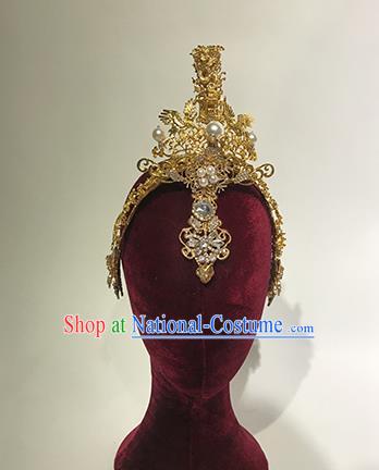 Traditional Chinese Stage Show Golden Phoenix Hair Crown Headdress Handmade Catwalks Hair Accessories for Women