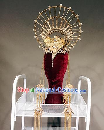 Traditional Chinese Stage Show Deluxe Golden Hair Crown Headdress Handmade Catwalks Hair Accessories for Women