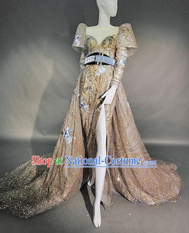 Top Grade Modern Dance Compere Champagne Full Dress Catwalks Embroidered Costume for Women