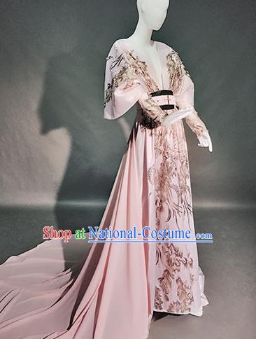 Top Grade Modern Dance Compere Pink Full Dress Catwalks Embroidered Costume for Women