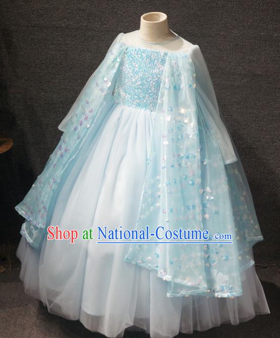 Top Grade Children Birthday Blue Full Dress Catwalks Stage Show Princess Costume for Kids