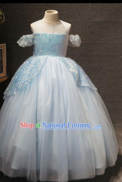 Top Grade Children Birthday Light Blue Full Dress Catwalks Stage Show Princess Costume for Kids