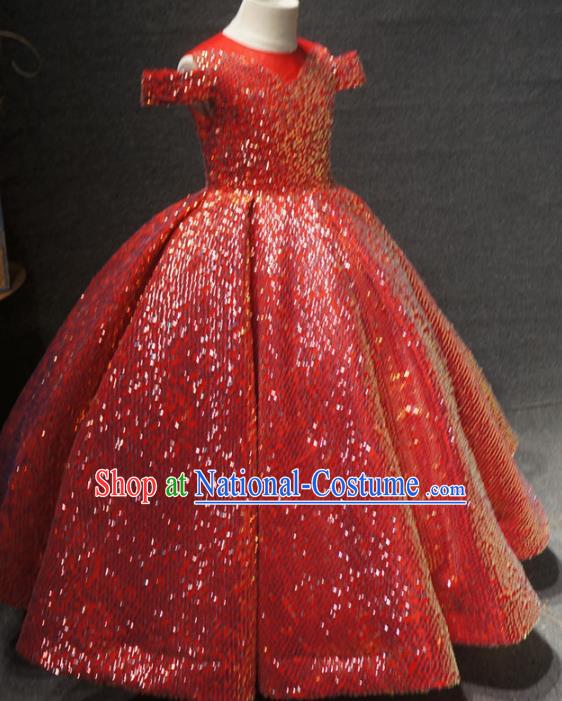 Top Grade Children Birthday Red Full Dress Catwalks Stage Show Princess Costume for Kids