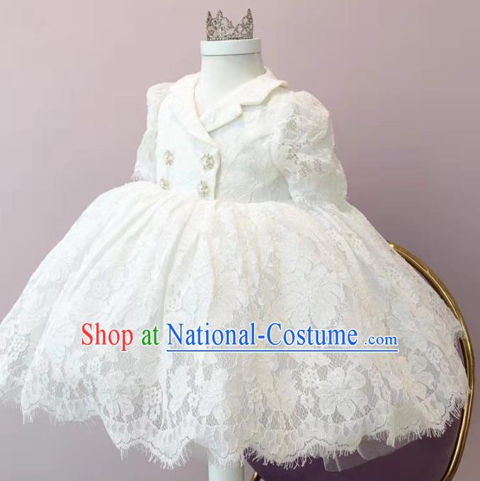 Top Grade Children Princess White Lace Dress Catwalks Stage Show Birthday Costume for Kids