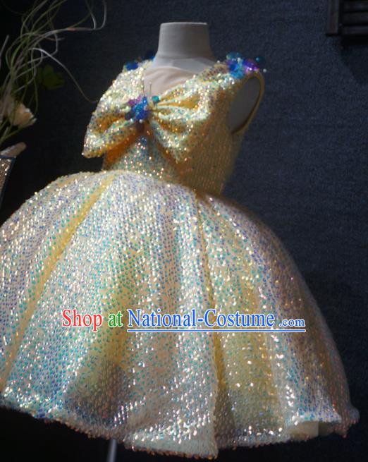 Top Grade Children Princess Yellow Sequins Dress Catwalks Stage Show Birthday Costume for Kids