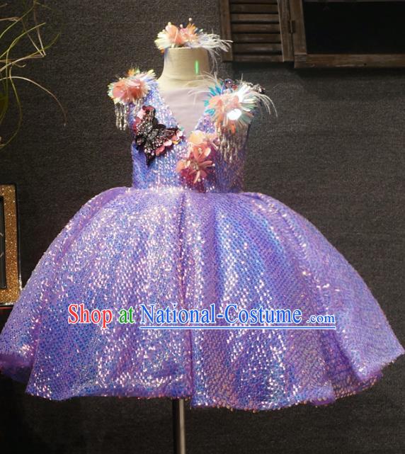 Top Grade Children Princess Lilac Sequins Dress Catwalks Stage Show Birthday Costume for Kids